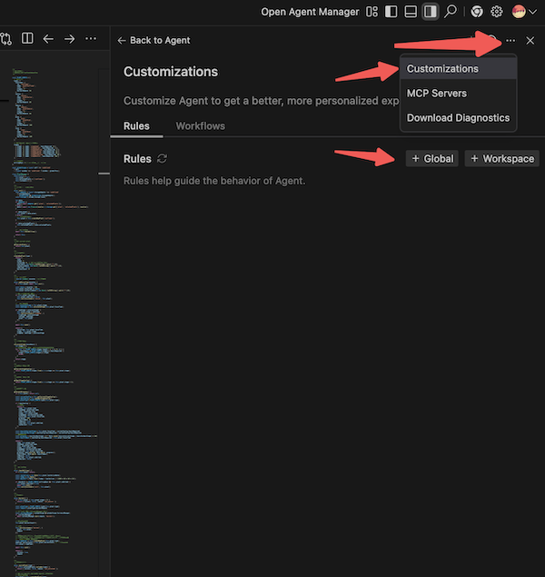 点击右上角菜单选择 Customizations