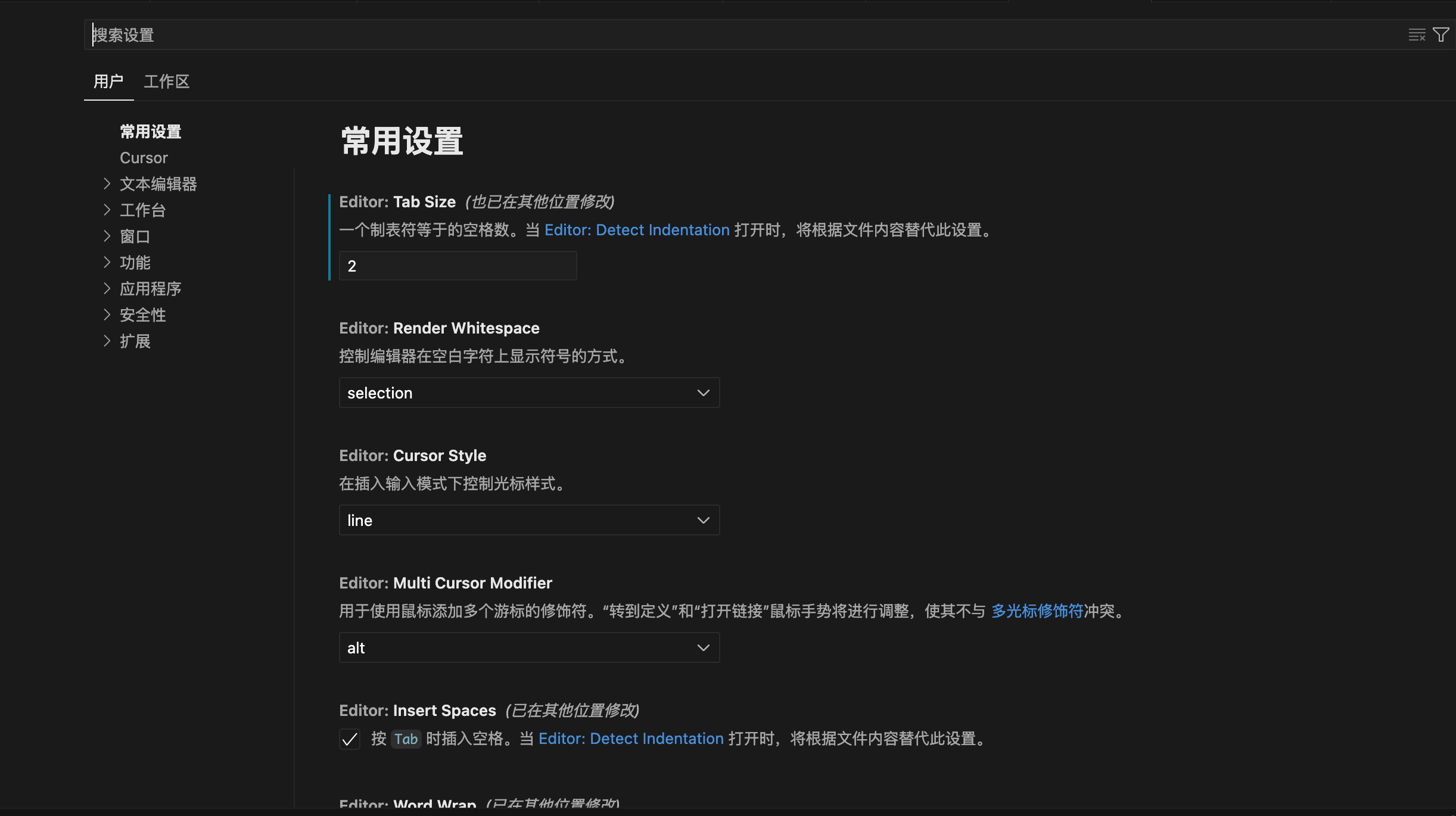 Cursor 设置界面概览